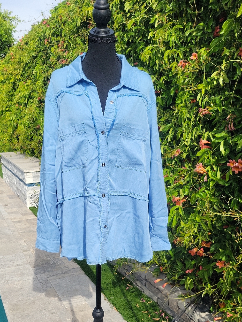 Multiples Women's Light Blue Button Down Raw Hem Oversized Shirt L